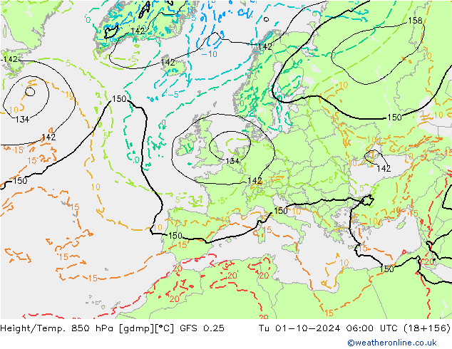 Z500/Rain (+SLP)/Z850 GFS 0.25  01.10.2024 06 UTC