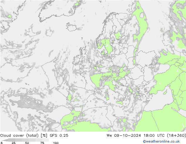 Bulutlar (toplam) GFS 0.25 Çar 09.10.2024 18 UTC