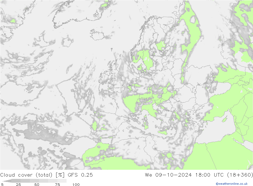 Cloud cover (total) GFS 0.25 We 09.10.2024 18 UTC