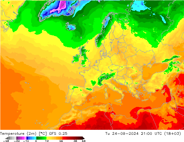 Temperaturkarte (2m) GFS 0.25 Di 24.09.2024 21 UTC