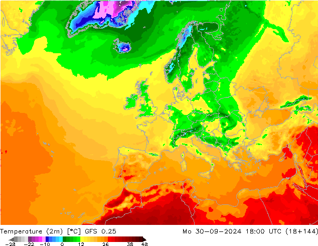 Temperature (2m) GFS 0.25 Mo 30.09.2024 18 UTC