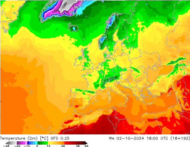 Temperatura (2m) GFS 0.25 mer 02.10.2024 18 UTC