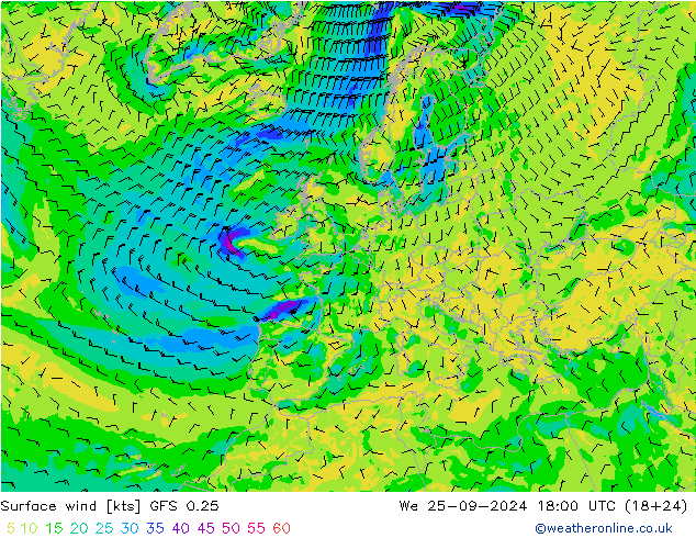 Wind 10 m GFS 0.25 wo 25.09.2024 18 UTC