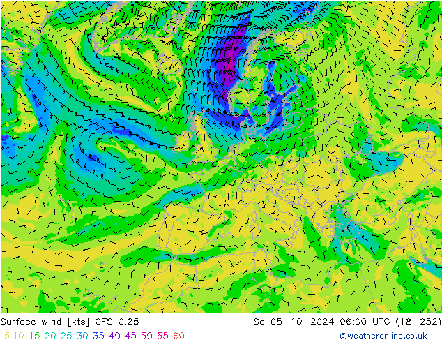 Wind 10 m GFS 0.25 za 05.10.2024 06 UTC