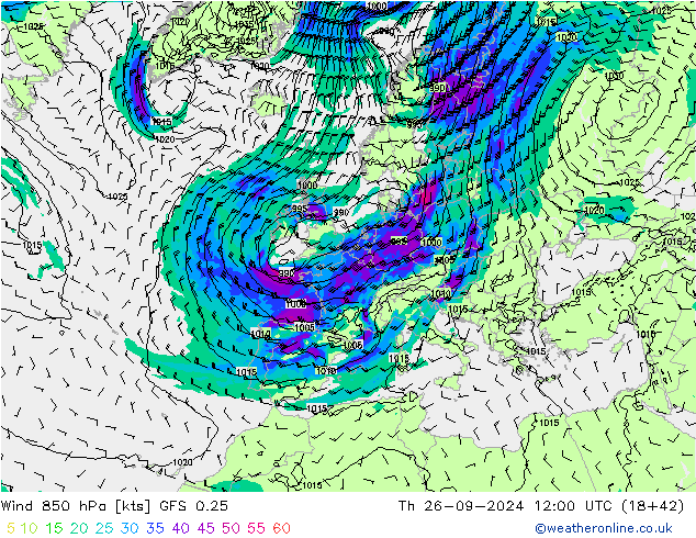 ветер 850 гПа GFS 0.25 чт 26.09.2024 12 UTC