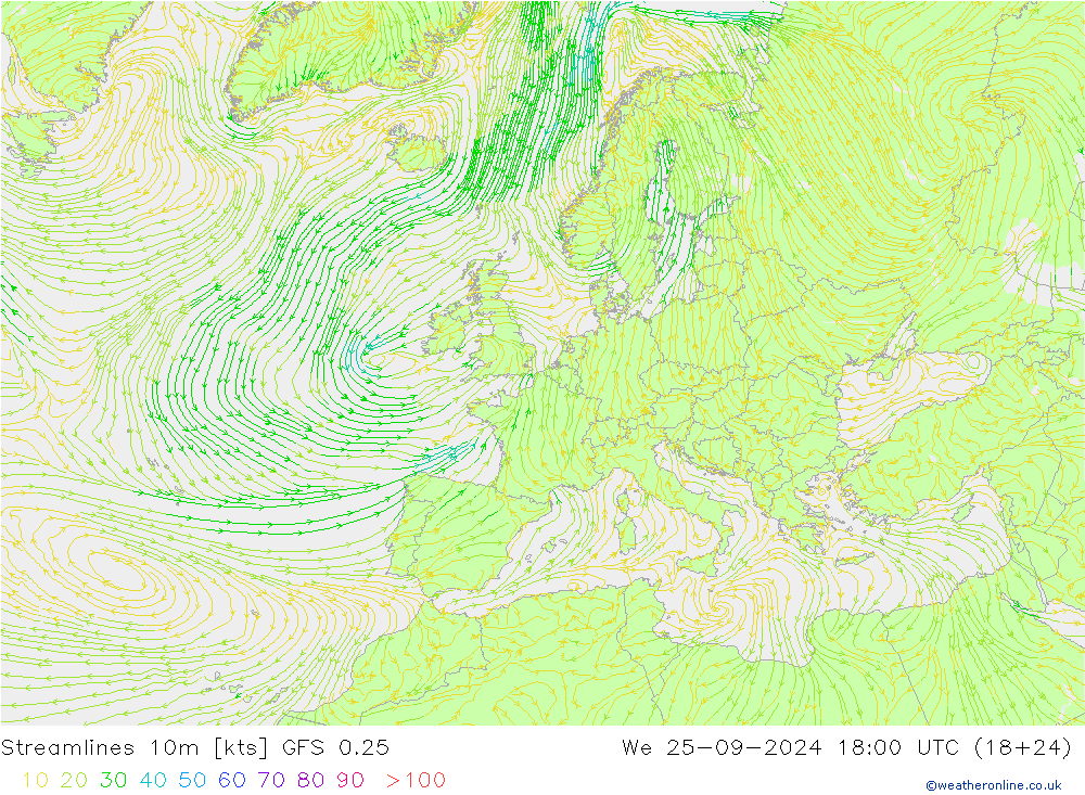 Linea di flusso 10m GFS 0.25 mer 25.09.2024 18 UTC