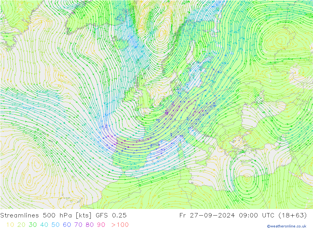 Streamlines 500 hPa GFS 0.25 Pá 27.09.2024 09 UTC