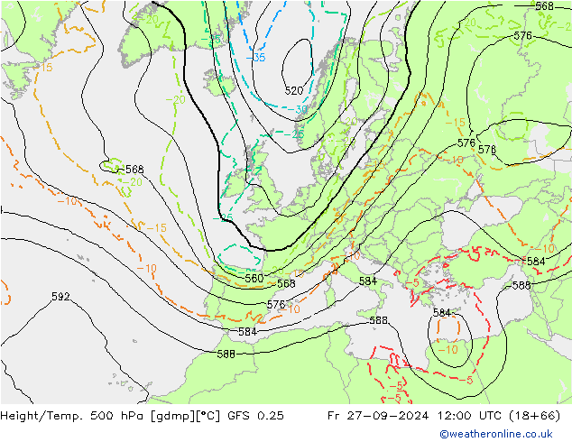 Z500/Yağmur (+YB)/Z850 GFS 0.25 Cu 27.09.2024 12 UTC