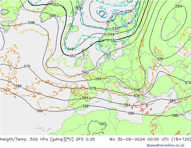 Z500/Rain (+SLP)/Z850 GFS 0.25 lun 30.09.2024 00 UTC