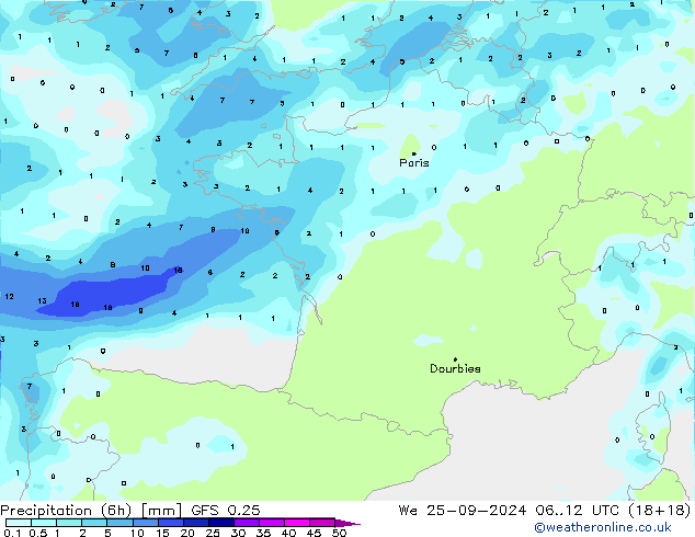 Z500/Rain (+SLP)/Z850 GFS 0.25 Qua 25.09.2024 12 UTC