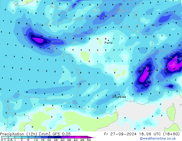 Totale neerslag (12h) GFS 0.25 vr 27.09.2024 06 UTC