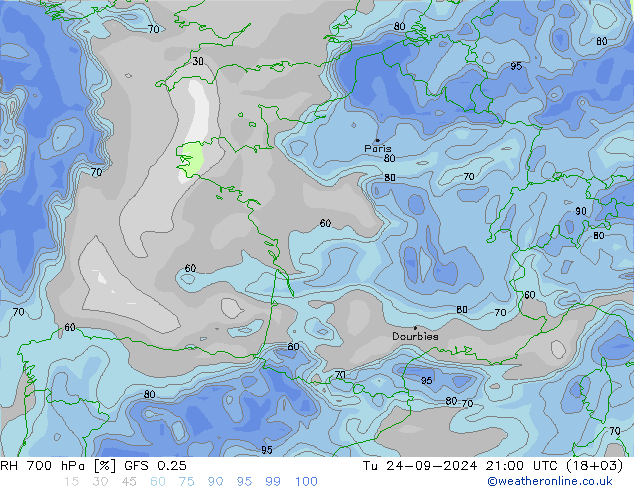 Humedad rel. 700hPa GFS 0.25 mar 24.09.2024 21 UTC