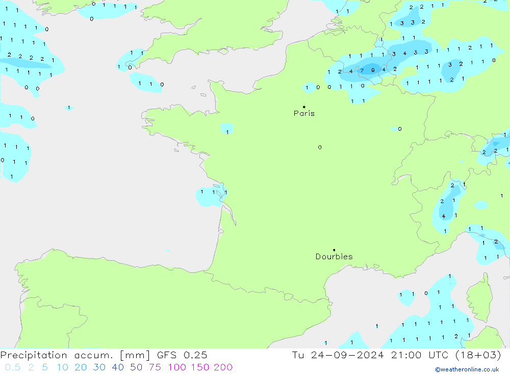 Precipitation accum. GFS 0.25 mar 24.09.2024 21 UTC