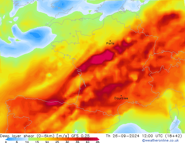 Deep layer shear (0-6km) GFS 0.25 чт 26.09.2024 12 UTC