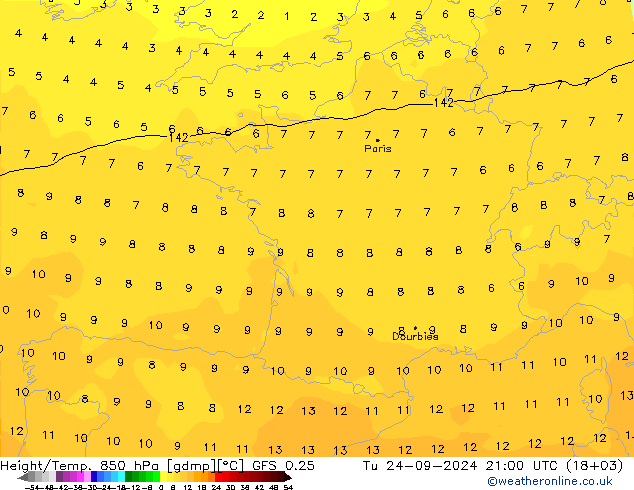 Z500/Rain (+SLP)/Z850 GFS 0.25 вт 24.09.2024 21 UTC