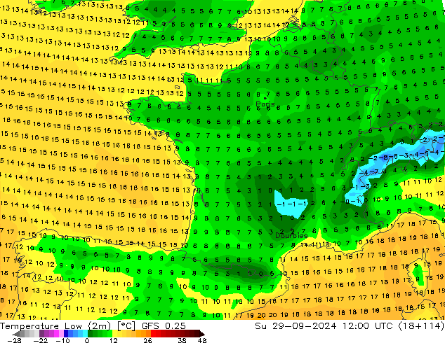 Temperature Low (2m) GFS 0.25 Su 29.09.2024 12 UTC