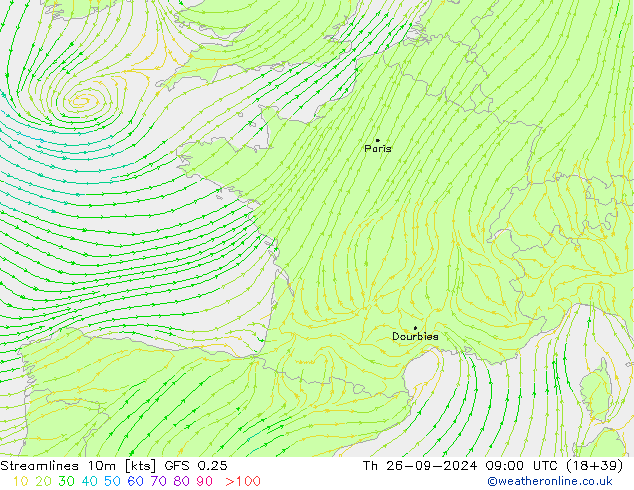 Streamlines 10m GFS 0.25 Th 26.09.2024 09 UTC