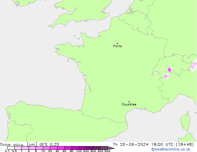 Глубина снега GFS 0.25 чт 26.09.2024 18 UTC