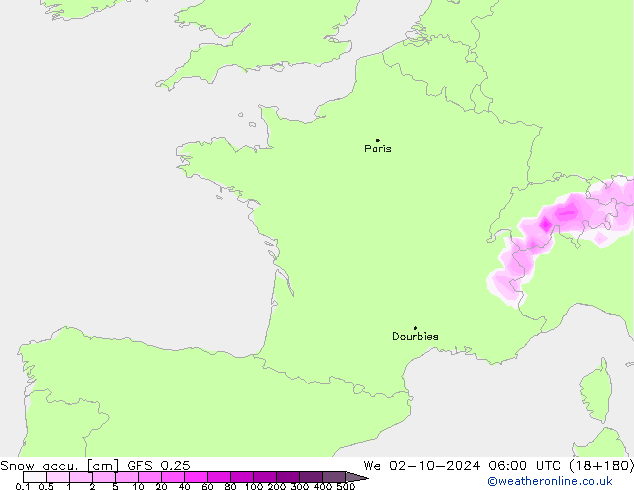 Snow accu. GFS 0.25 We 02.10.2024 06 UTC