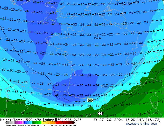 Z500/Rain (+SLP)/Z850 GFS 0.25 Fr 27.09.2024 18 UTC