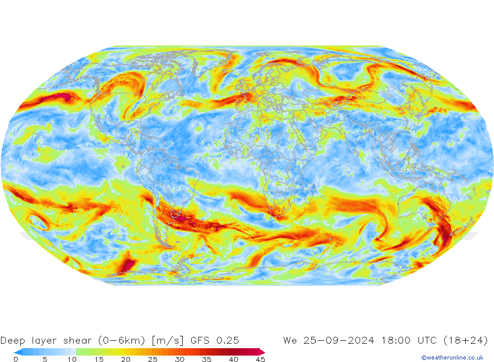 Deep layer shear (0-6km) GFS 0.25 mer 25.09.2024 18 UTC