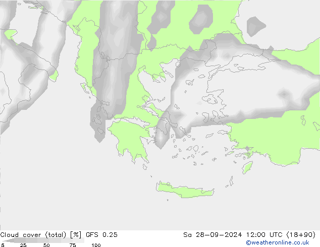 Cloud cover (total) GFS 0.25 Sa 28.09.2024 12 UTC