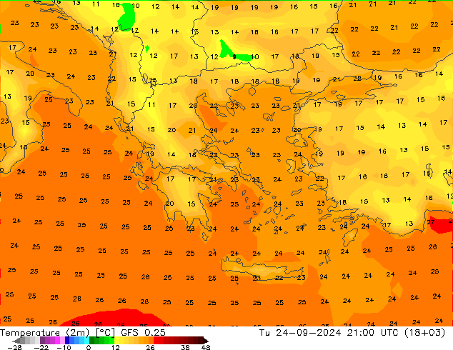 Temperaturkarte (2m) GFS 0.25 Di 24.09.2024 21 UTC