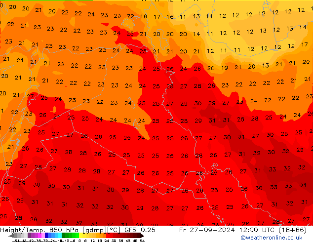 Height/Temp. 850 hPa GFS 0.25 Fr 27.09.2024 12 UTC