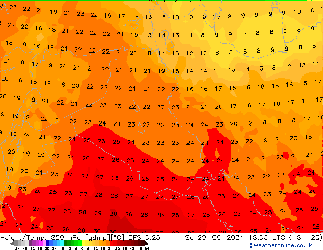 Geop./Temp. 850 hPa GFS 0.25 dom 29.09.2024 18 UTC