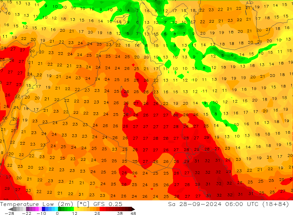 Temp. minima (2m) GFS 0.25 sab 28.09.2024 06 UTC