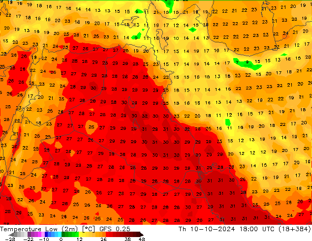 temperatura mín. (2m) GFS 0.25 Qui 10.10.2024 18 UTC