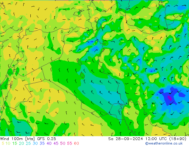 Vento 100m GFS 0.25 Sáb 28.09.2024 12 UTC