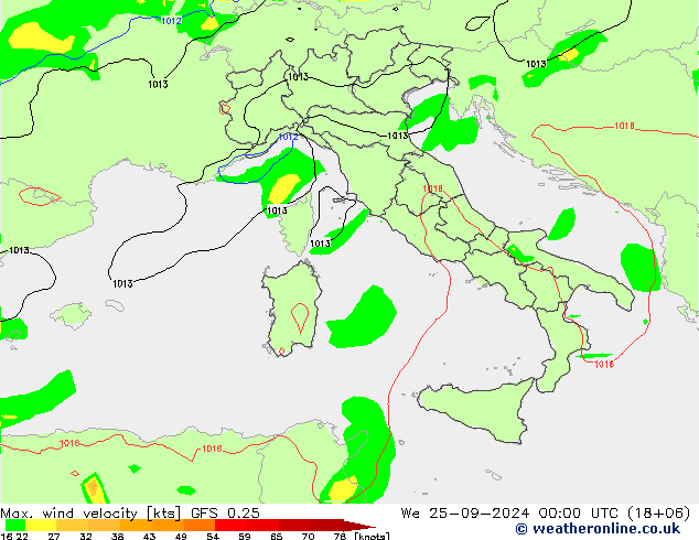 Max. wind velocity GFS 0.25 ср 25.09.2024 00 UTC