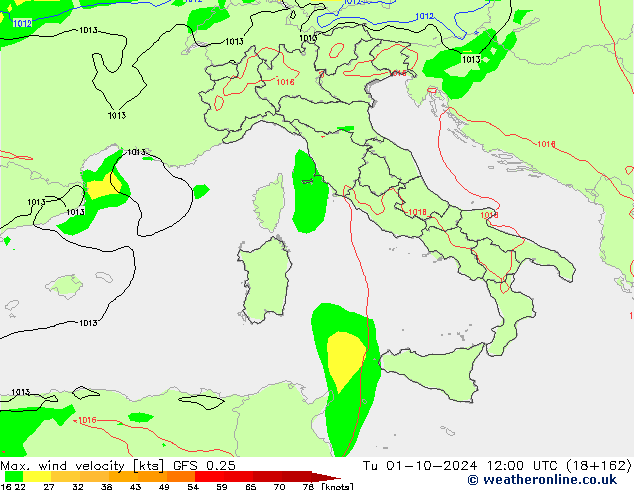 Max. wind snelheid GFS 0.25 di 01.10.2024 12 UTC