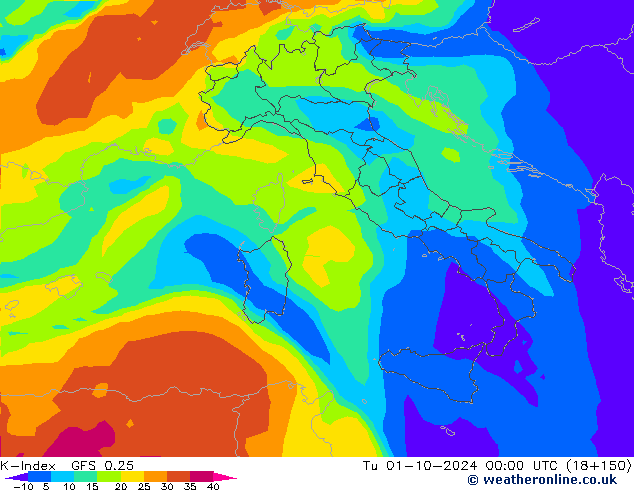 K-Index GFS 0.25 Tu 01.10.2024 00 UTC