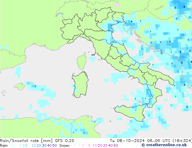 Rain/Snowfall rate GFS 0.25 Tu 08.10.2024 06 UTC