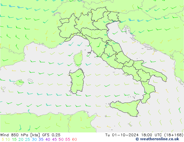 wiatr 850 hPa GFS 0.25 wto. 01.10.2024 18 UTC