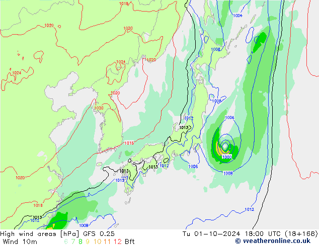 High wind areas GFS 0.25 Tu 01.10.2024 18 UTC