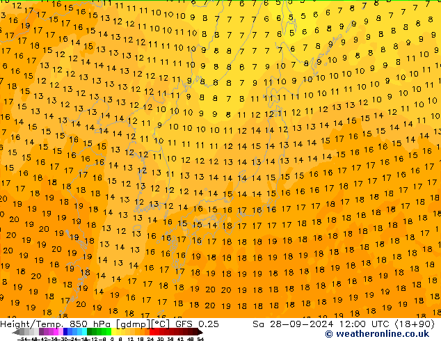 Géop./Temp. 850 hPa GFS 0.25 sam 28.09.2024 12 UTC