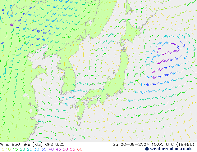 Wind 850 hPa GFS 0.25 Sa 28.09.2024 18 UTC