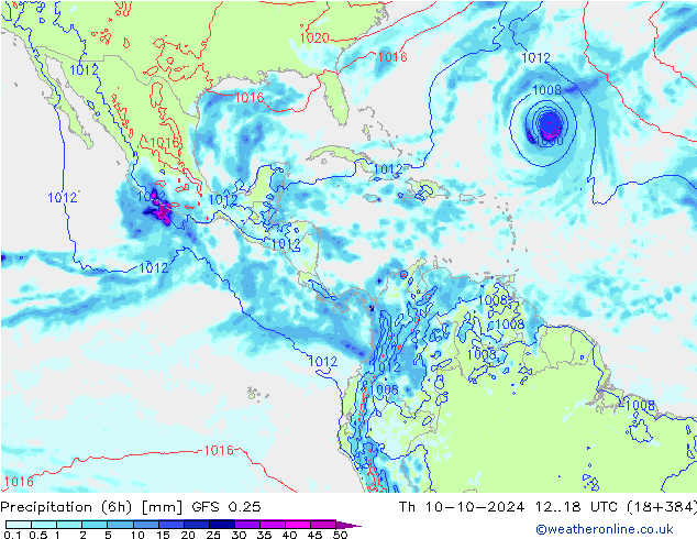 Precipitation (6h) GFS 0.25 Th 10.10.2024 18 UTC