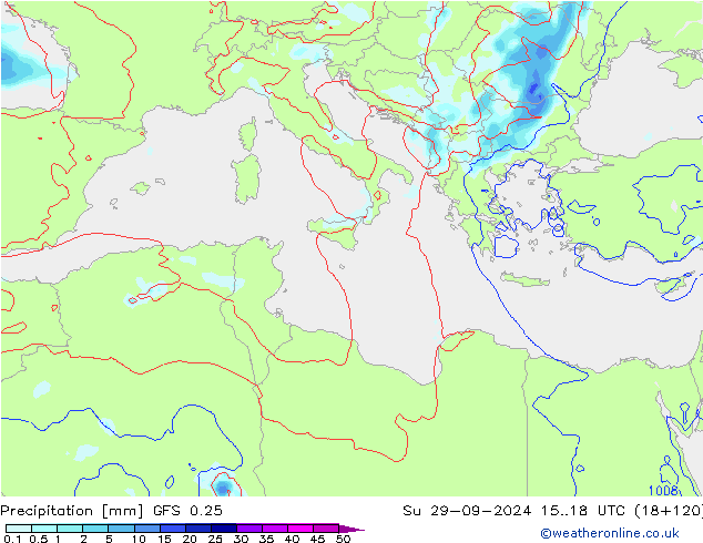 Precipitazione GFS 0.25 dom 29.09.2024 18 UTC