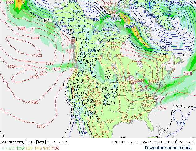 Prąd strumieniowy GFS 0.25 czw. 10.10.2024 06 UTC