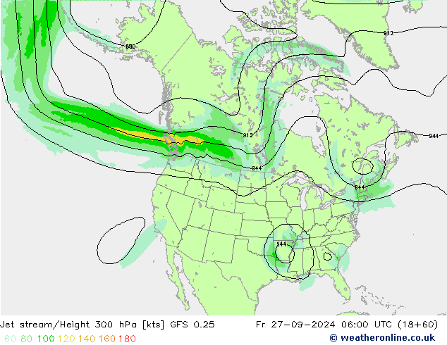 Corriente en chorro GFS 0.25 vie 27.09.2024 06 UTC