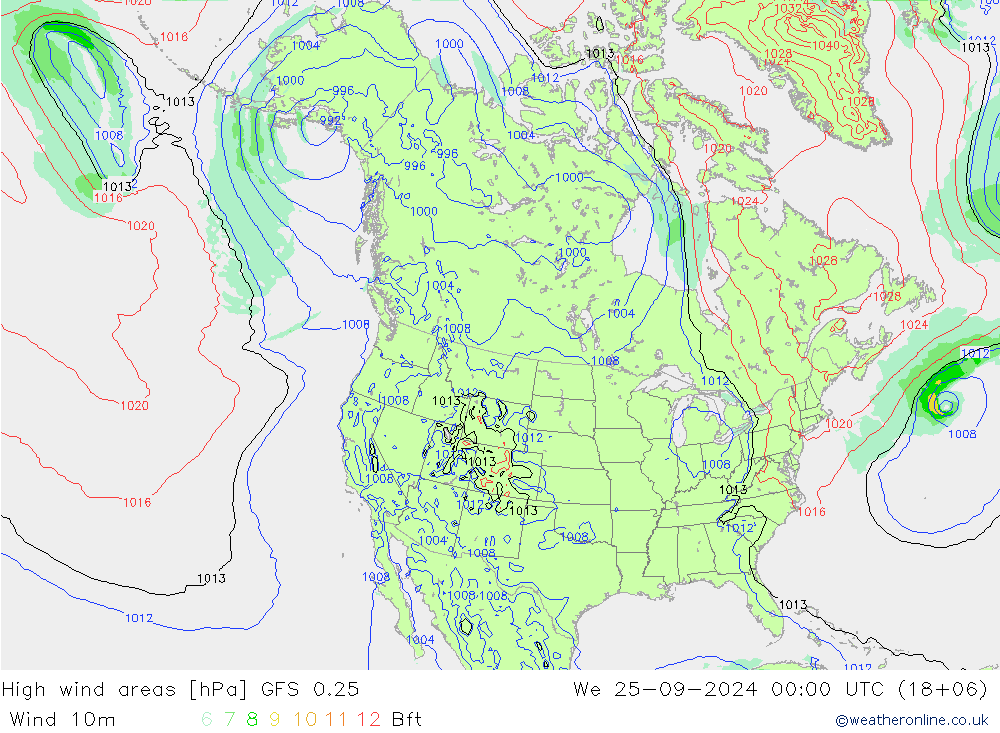 High wind areas GFS 0.25 Qua 25.09.2024 00 UTC