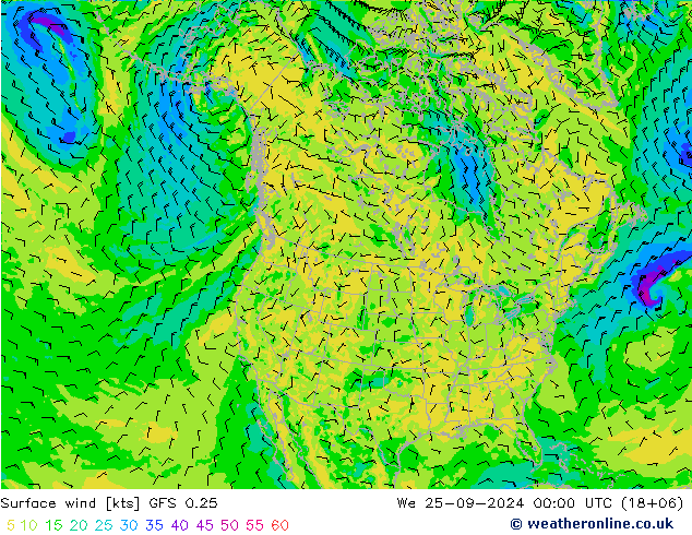 ветер 10 m GFS 0.25 ср 25.09.2024 00 UTC