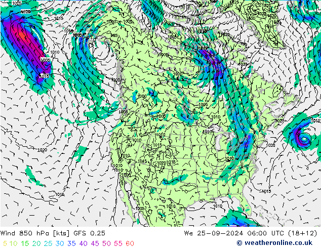 Wind 850 hPa GFS 0.25 We 25.09.2024 06 UTC