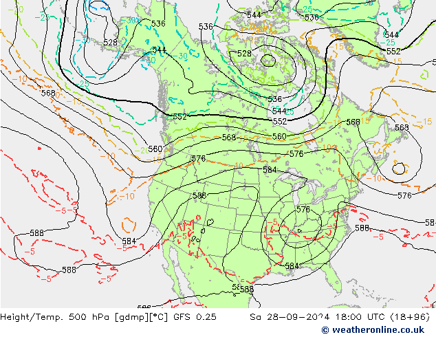 Z500/Rain (+SLP)/Z850 GFS 0.25 sam 28.09.2024 18 UTC