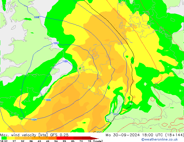 Max. wind velocity GFS 0.25 lun 30.09.2024 18 UTC