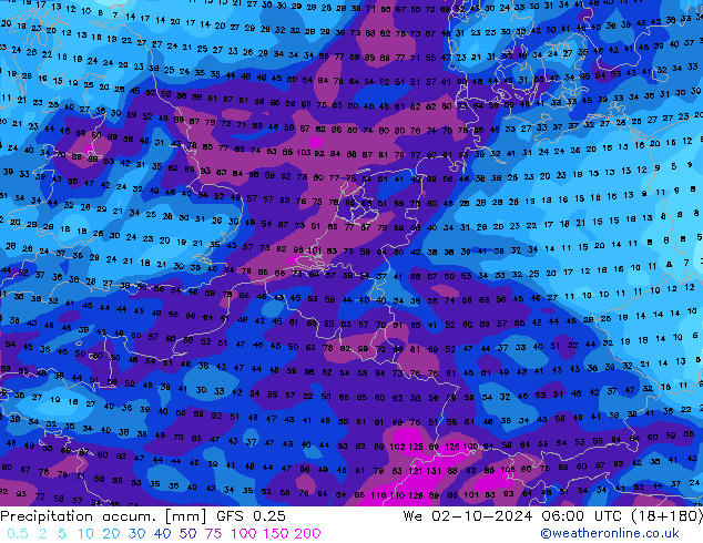 Precipitación acum. GFS 0.25 mié 02.10.2024 06 UTC